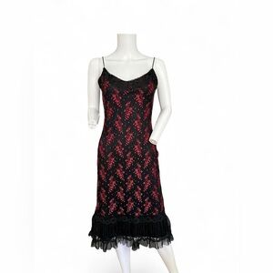 Betsey Johnson Black Slip Dress with Red Floral Lace